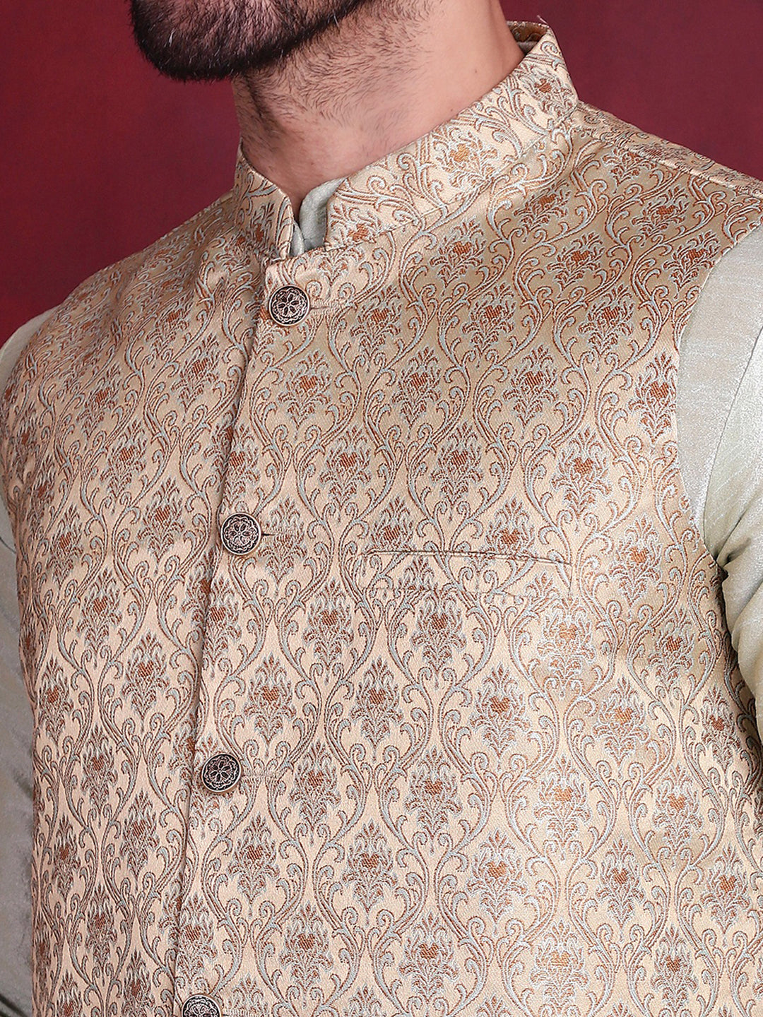 Men's Woven Design Nehru Jacket With Kurta Pyjama Set - Taantav