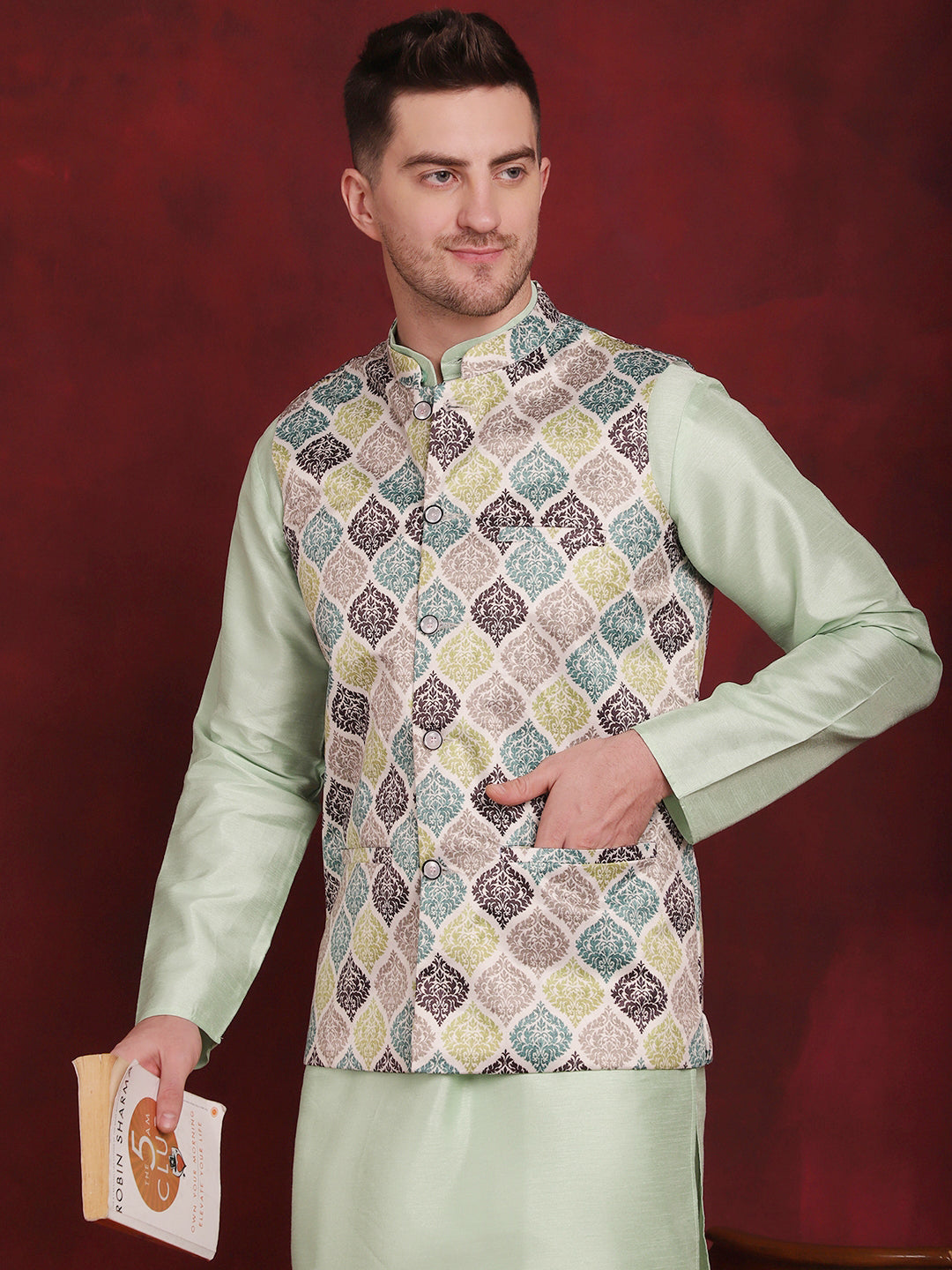 Men's Green Floral Printed Nehru Jacket With Kurta Pyjama Set - Taantav