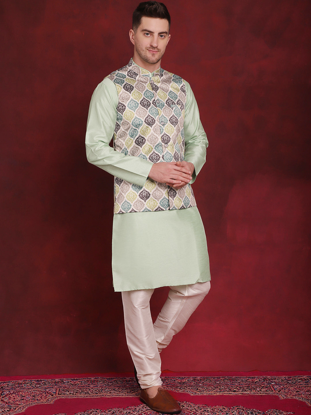 Men's Green Floral Printed Nehru Jacket With Kurta Pyjama Set - Taantav