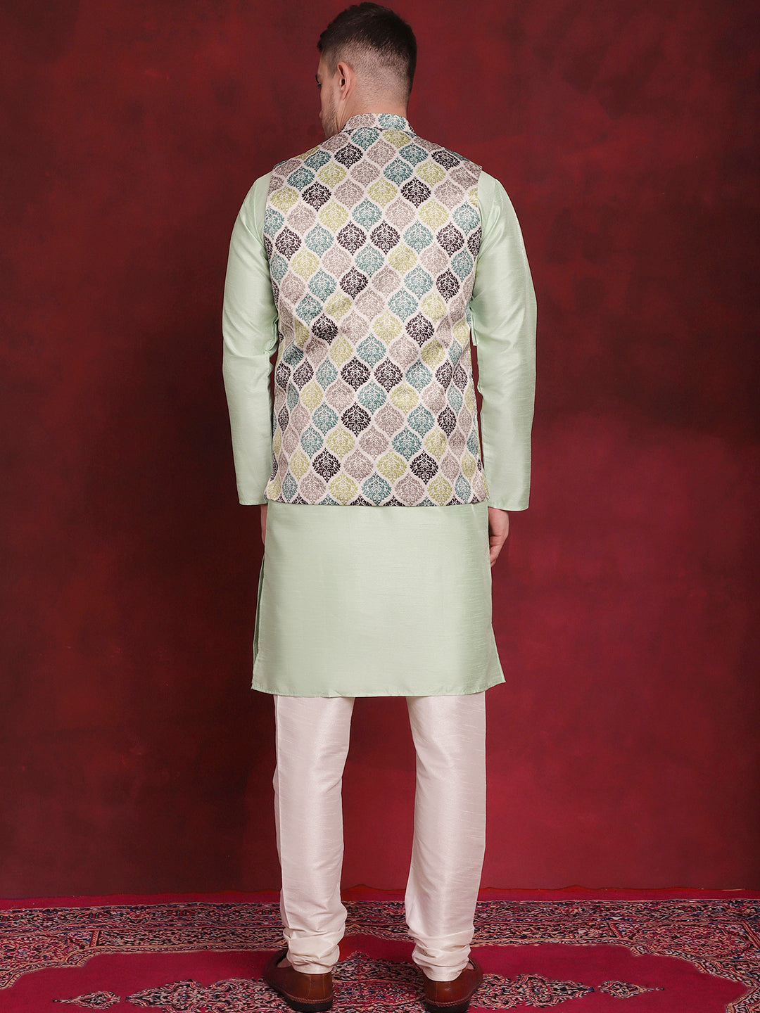 Men's Green Floral Printed Nehru Jacket With Kurta Pyjama Set - Taantav