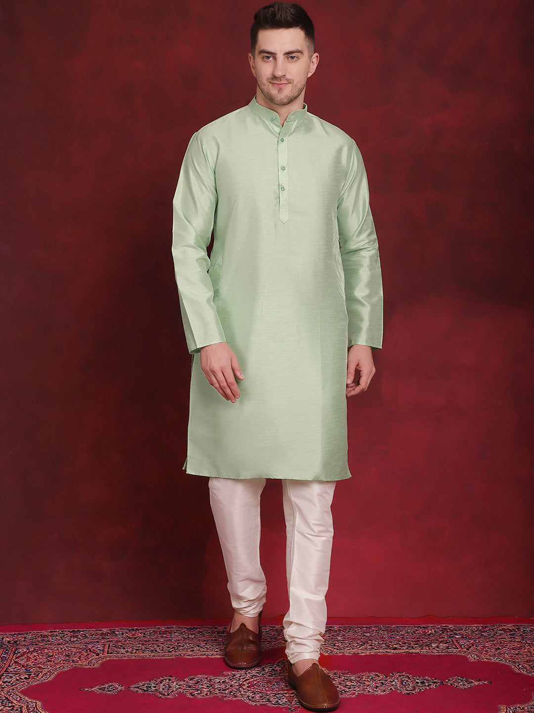 Men's Green Floral Printed Nehru Jacket With Kurta Pyjama Set - Taantav