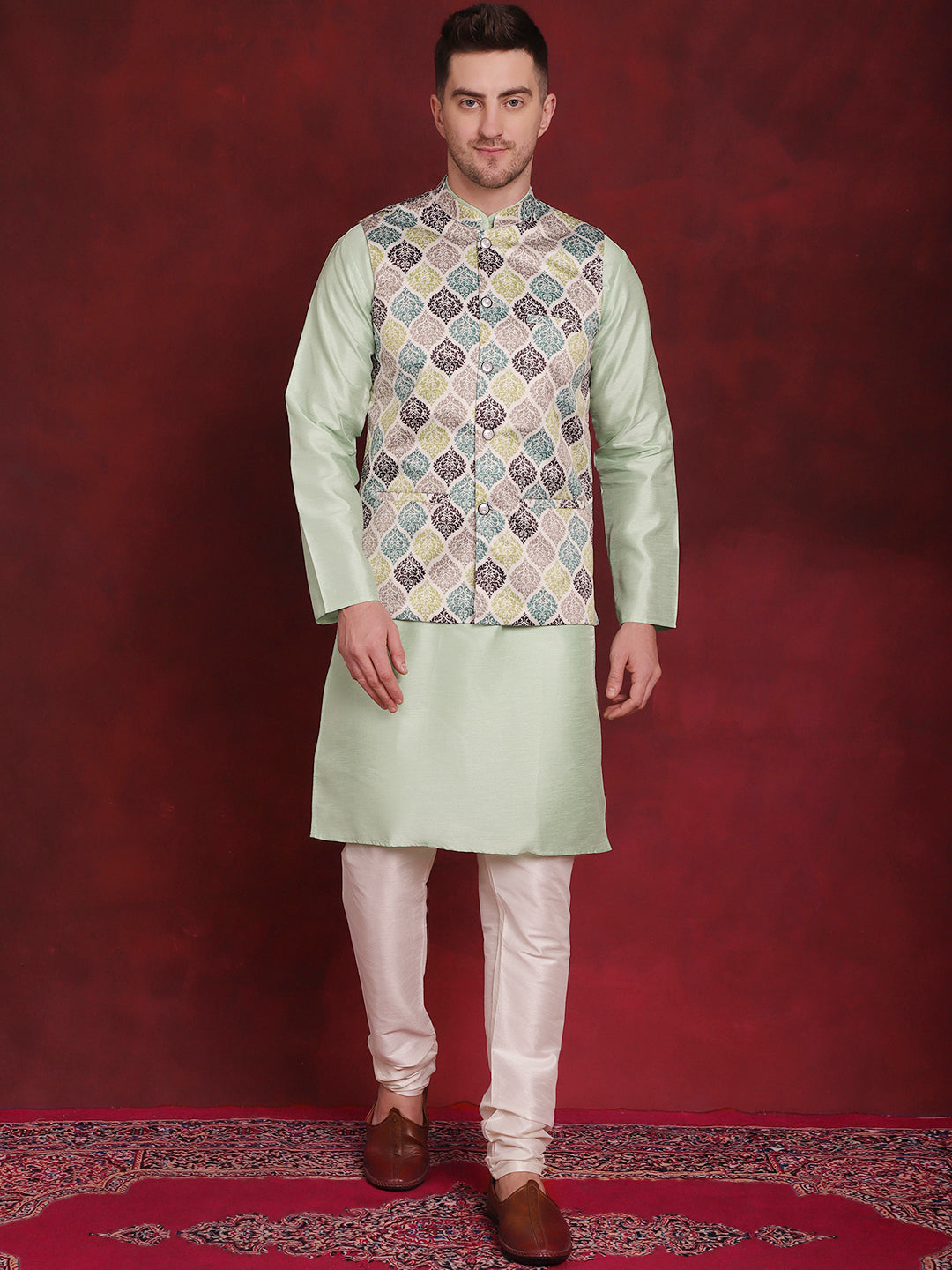 Men's Green Floral Printed Nehru Jacket With Kurta Pyjama Set - Taantav