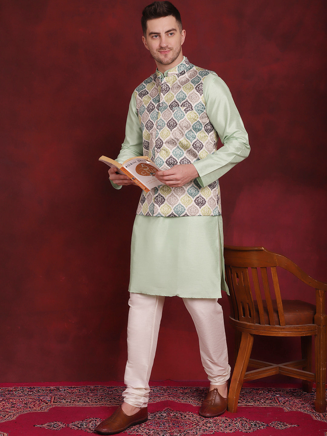 Men's Green Floral Printed Nehru Jacket With Kurta Pyjama Set - Taantav