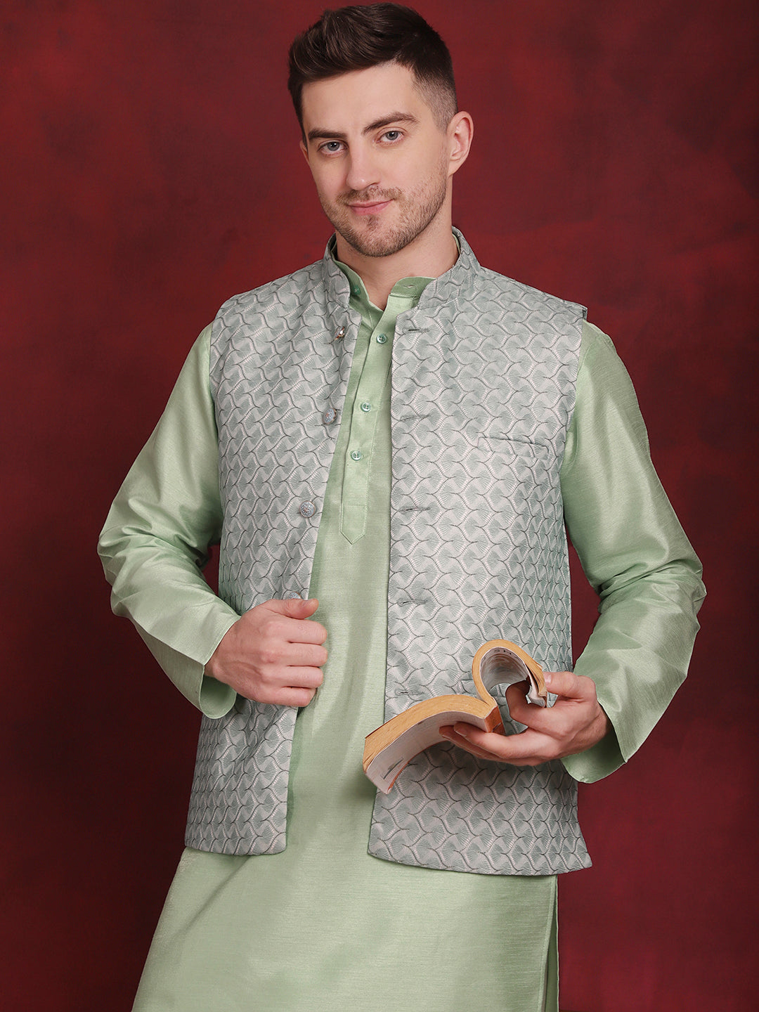 Men's Green Woven Design Nehru Jacket With Kurta Pyjama Set - Taantav