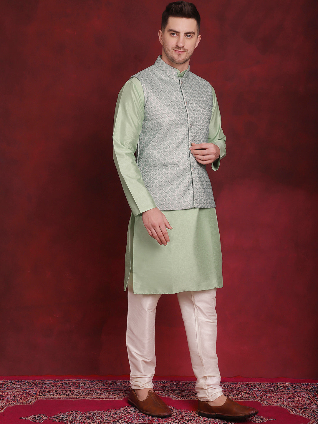 Men's Green Woven Design Nehru Jacket With Kurta Pyjama Set - Taantav