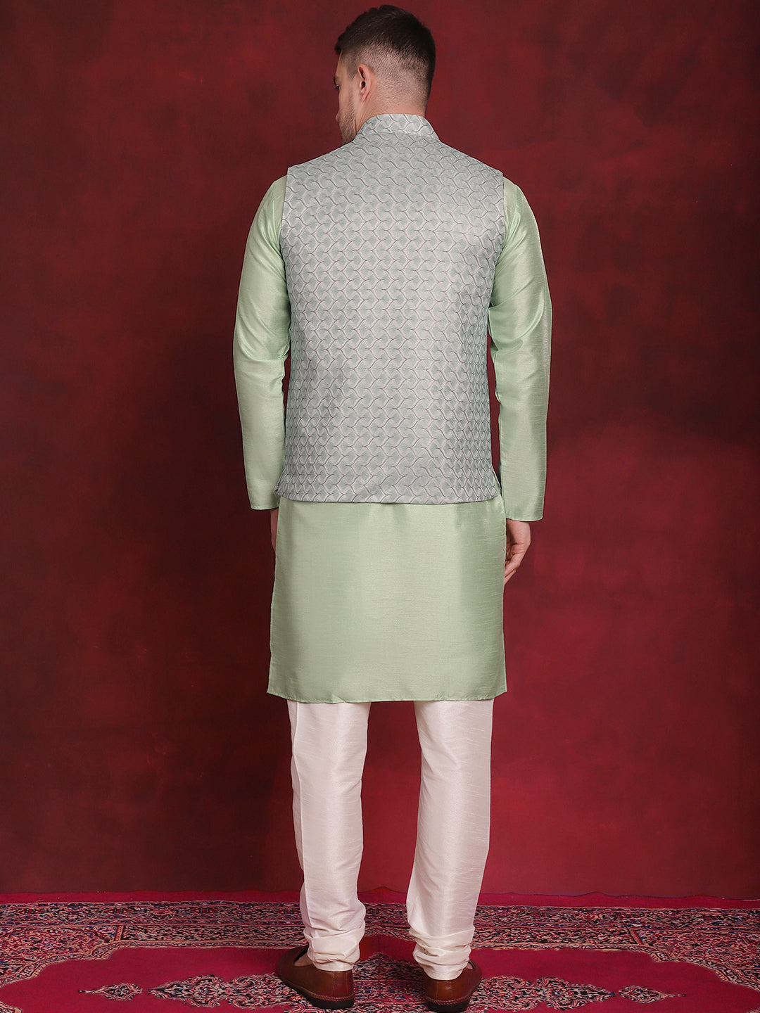 Men's Green Woven Design Nehru Jacket With Kurta Pyjama Set - Taantav