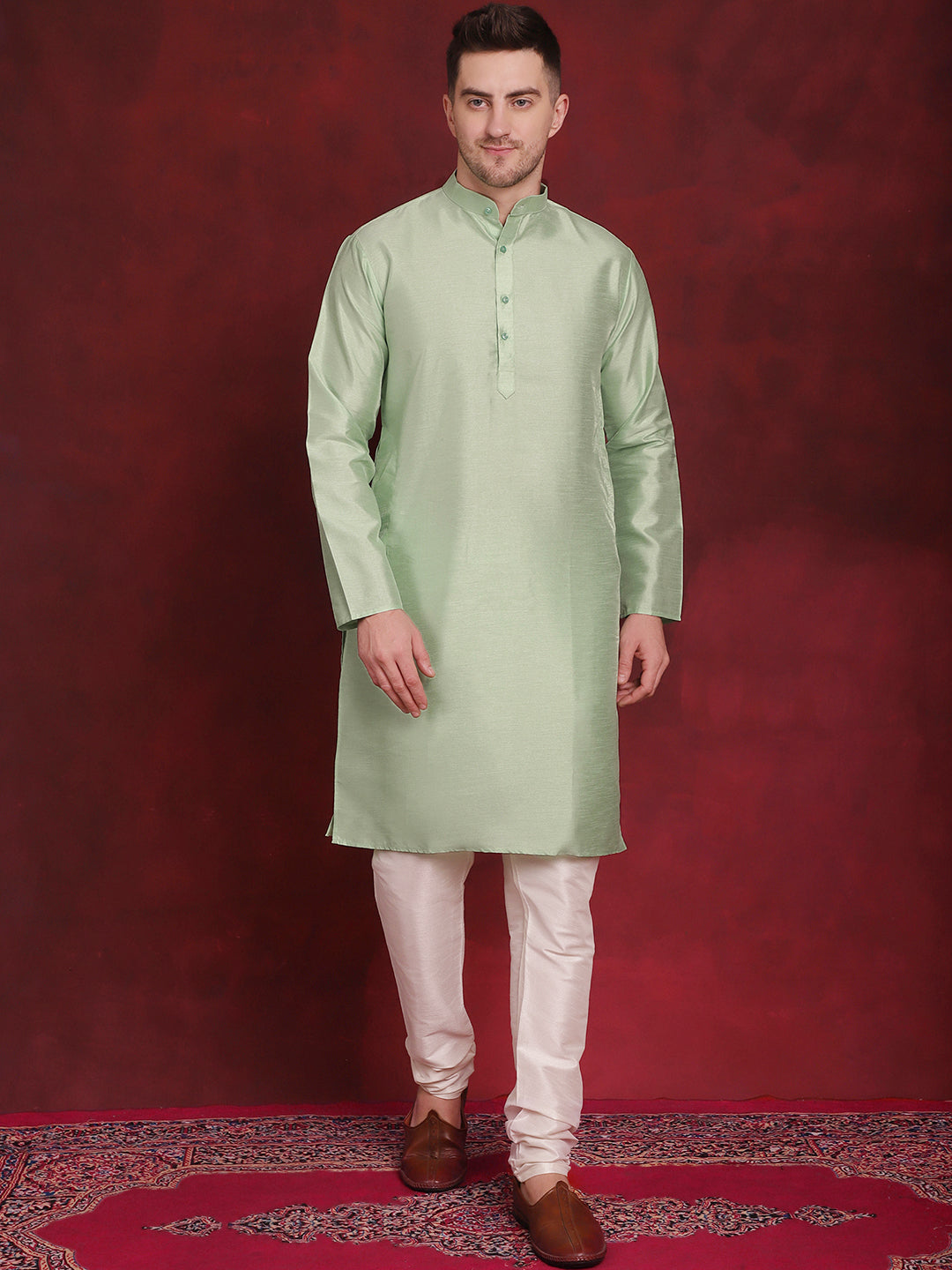 Men's Green Woven Design Nehru Jacket With Kurta Pyjama Set - Taantav