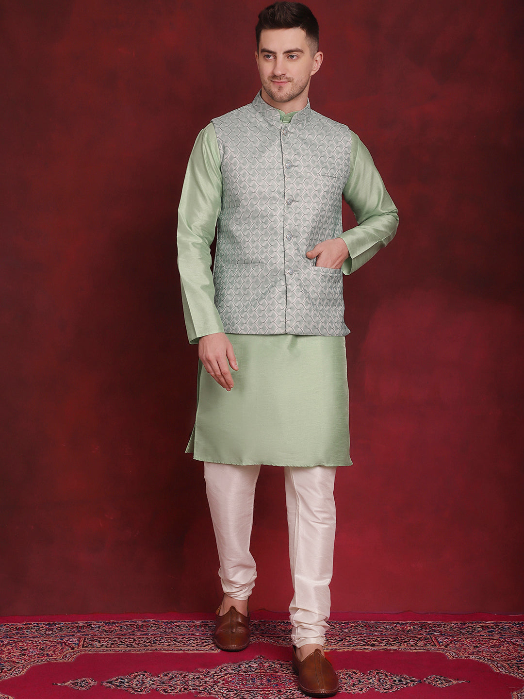 Men's Green Woven Design Nehru Jacket With Kurta Pyjama Set - Taantav