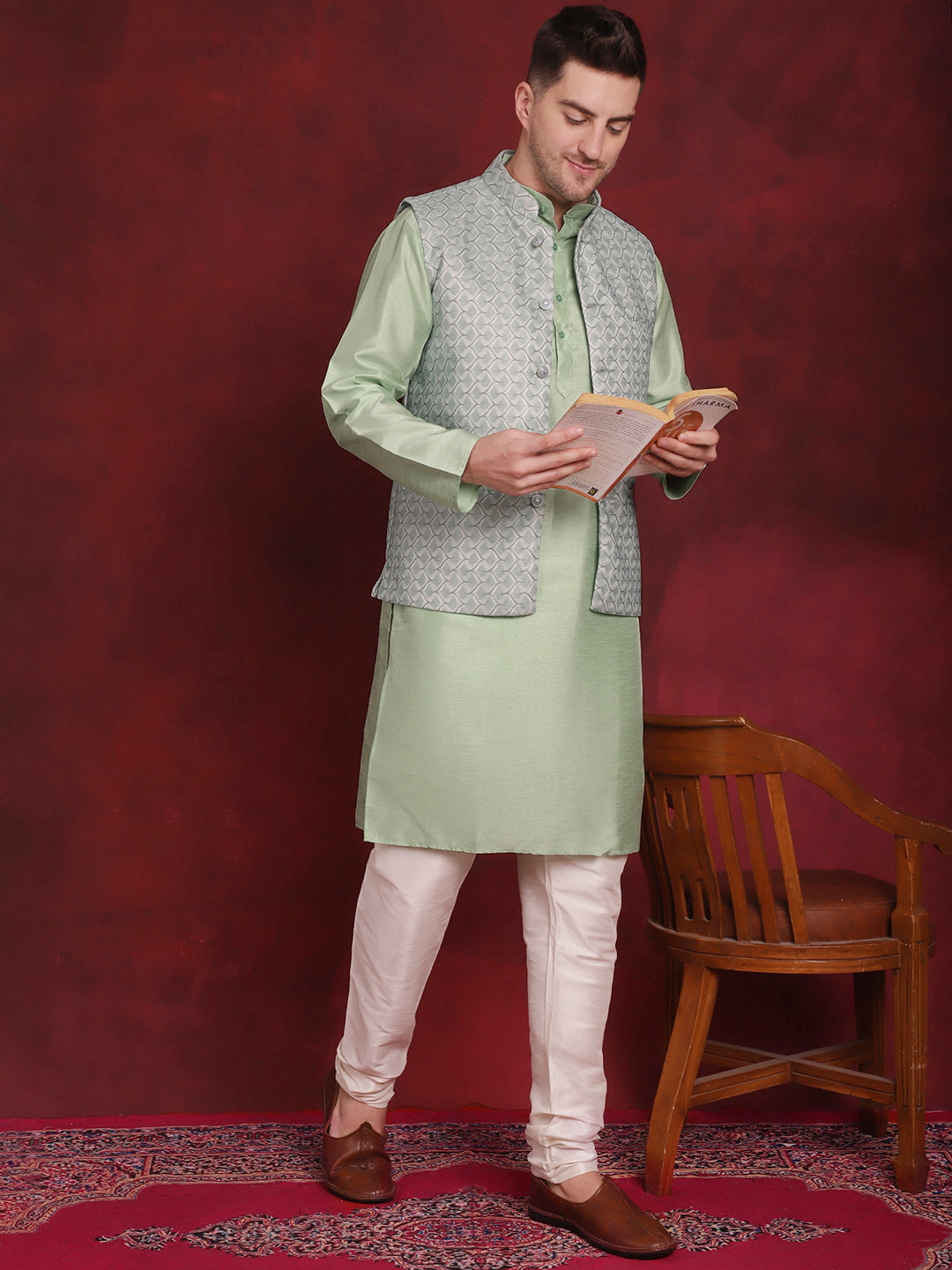 Men's Green Woven Design Nehru Jacket With Kurta Pyjama Set - Taantav