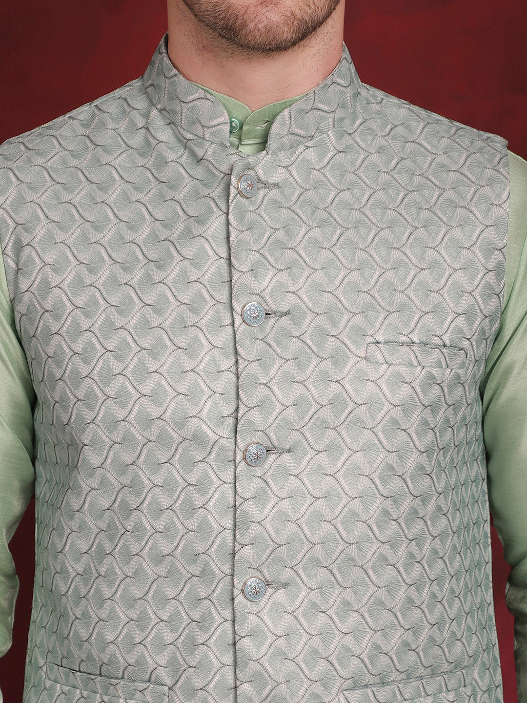 Men's Green Woven Design Nehru Jacket With Kurta Pyjama Set - Taantav