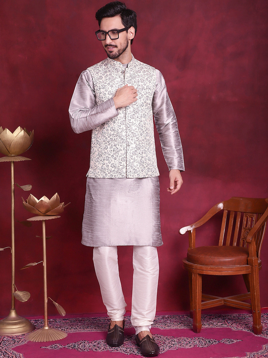 Men's Woven Design Nehru Jacket With Kurta Pyjama Set - Taantav