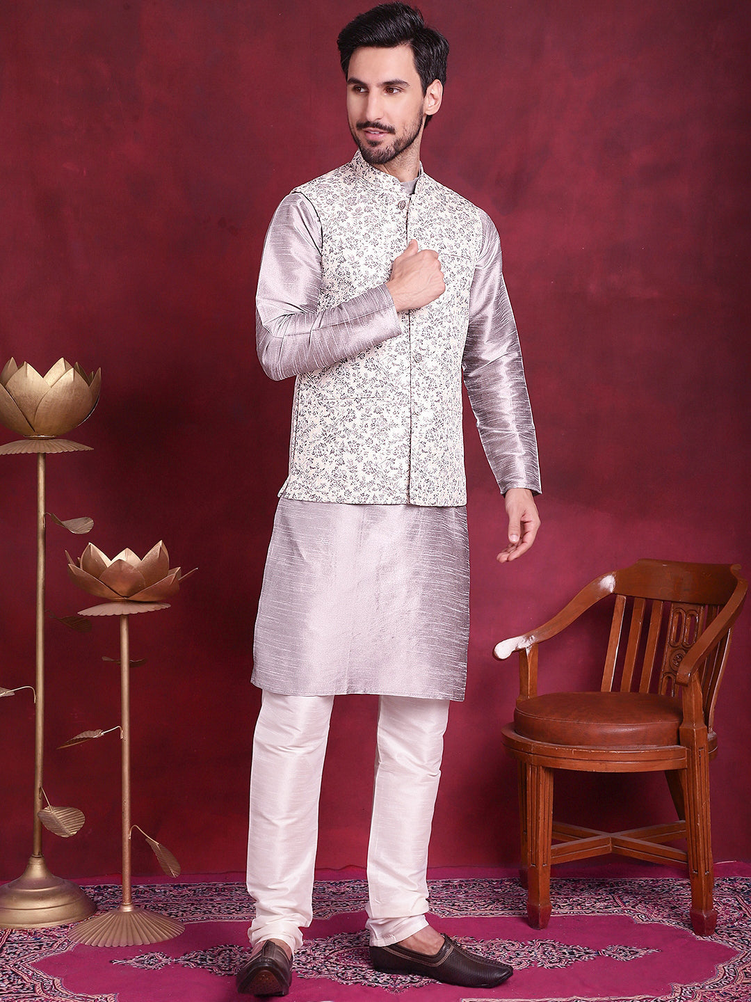 Men's Woven Design Nehru Jacket With Kurta Pyjama Set - Taantav