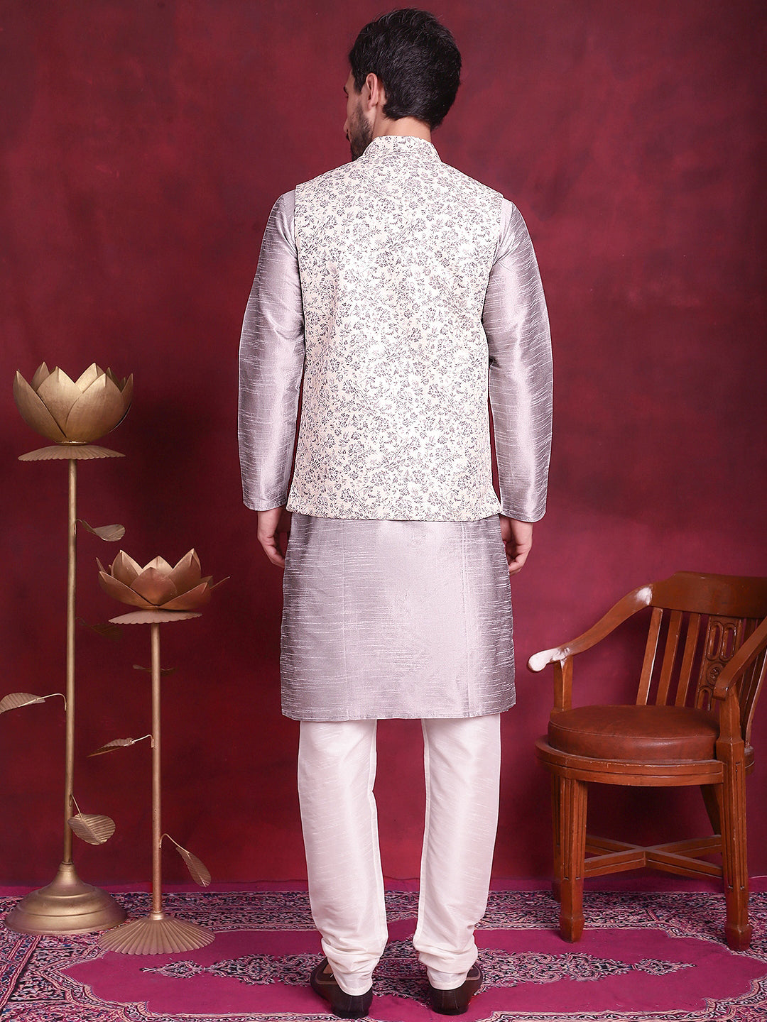 Men's Woven Design Nehru Jacket With Kurta Pyjama Set - Taantav