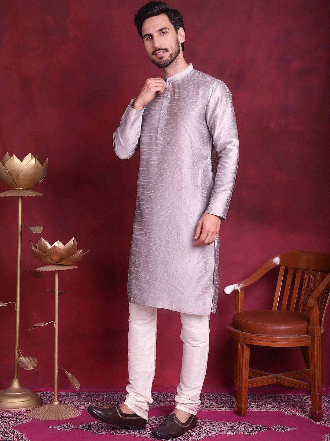 Men's Woven Design Nehru Jacket With Kurta Pyjama Set - Taantav