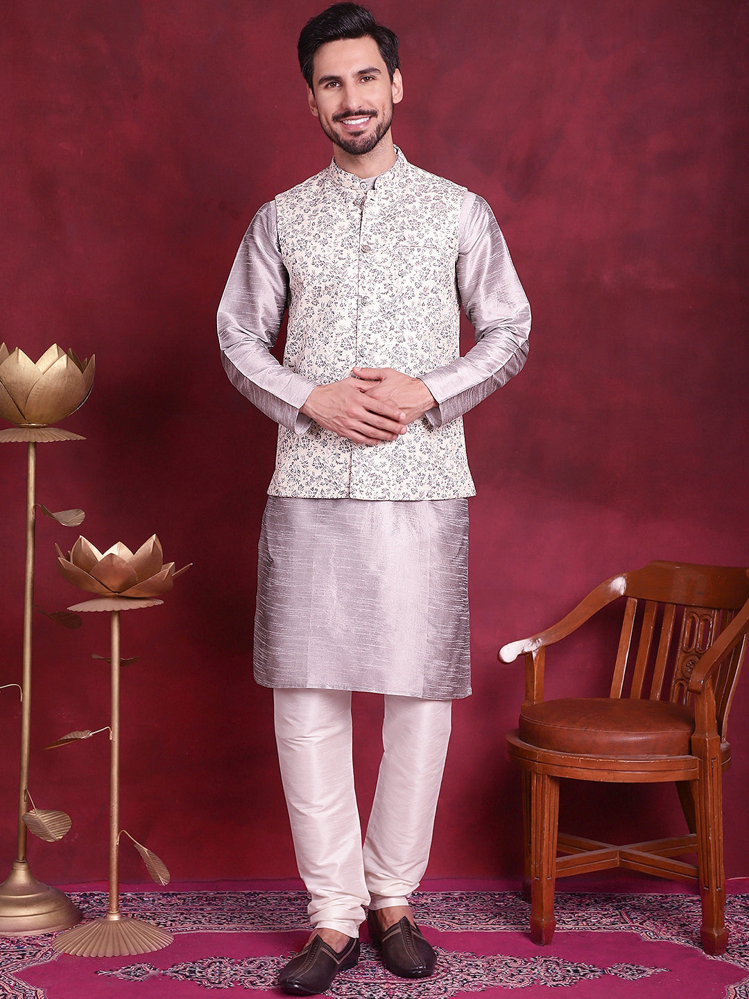 Men's Woven Design Nehru Jacket With Kurta Pyjama Set - Taantav