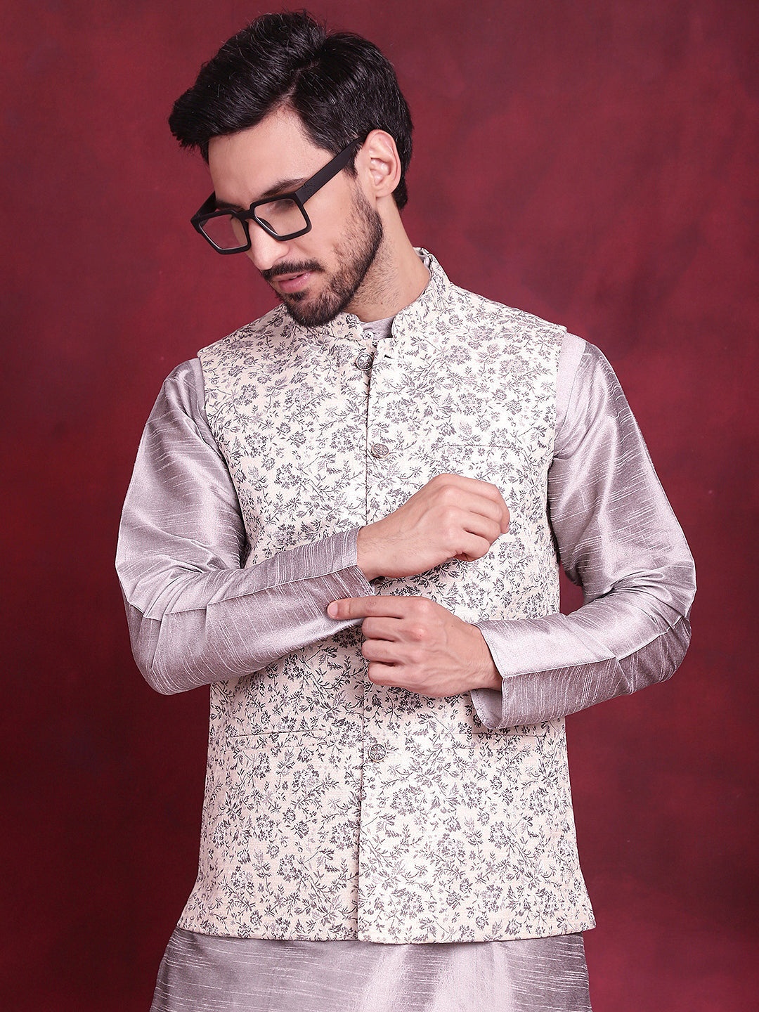 Men's Woven Design Nehru Jacket With Kurta Pyjama Set - Taantav