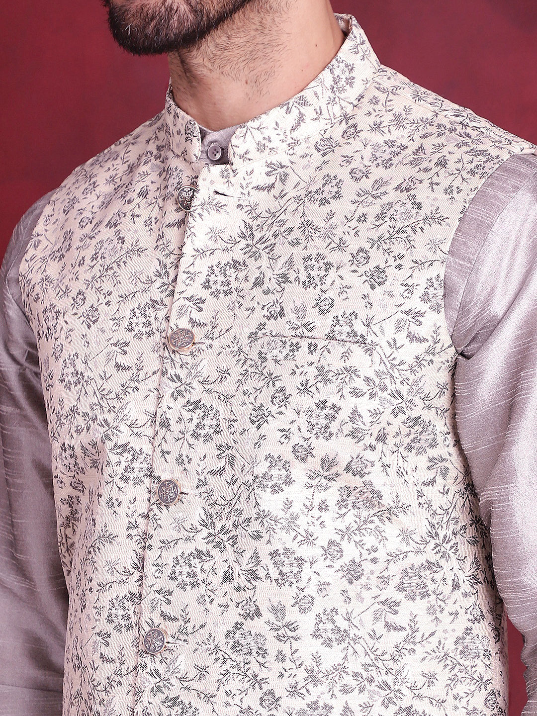 Men's Woven Design Nehru Jacket With Kurta Pyjama Set - Taantav