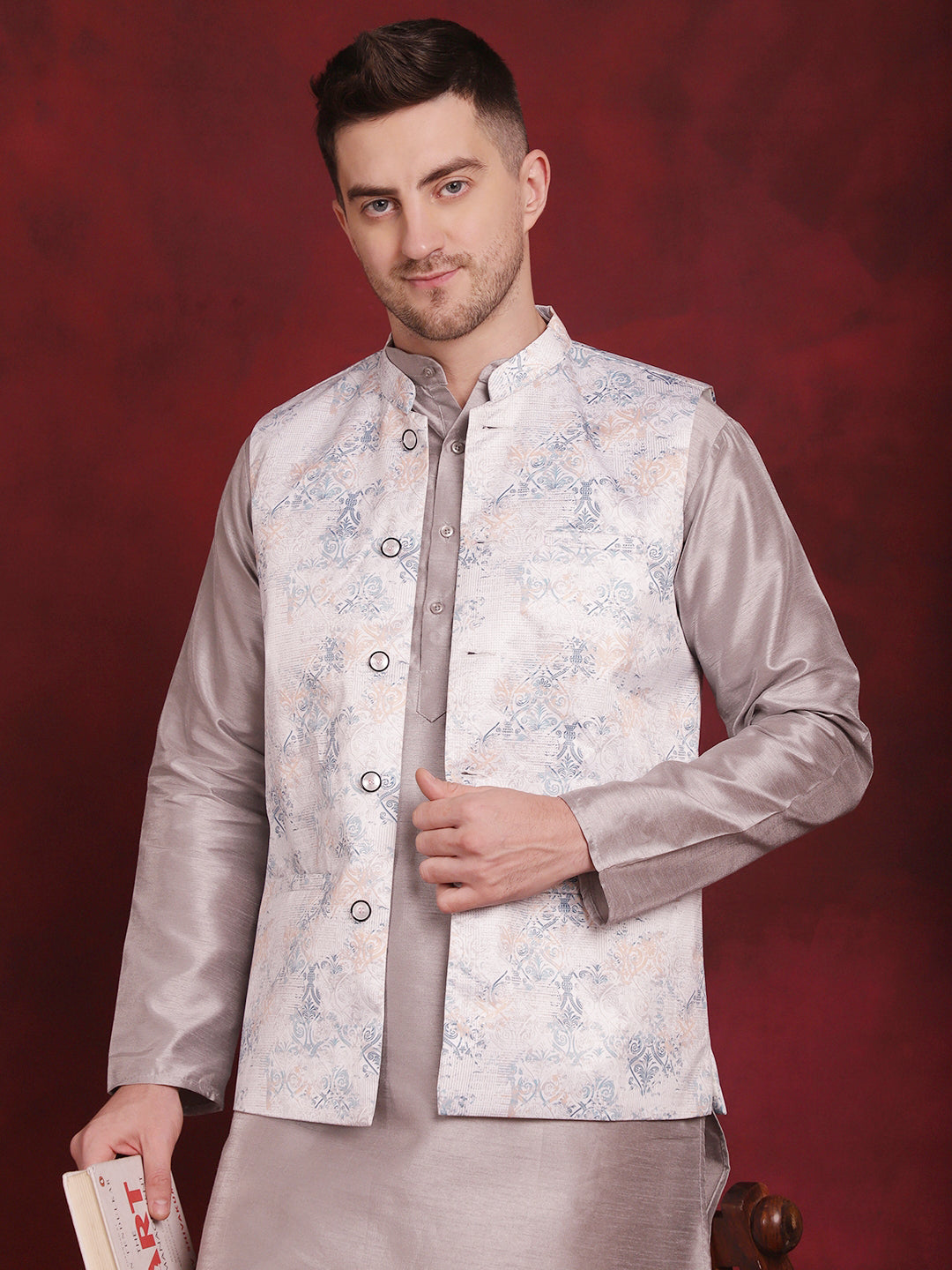 Men's Silver Floral Printed Nehru Jacket With Kurta Pyjama Set - Taantav