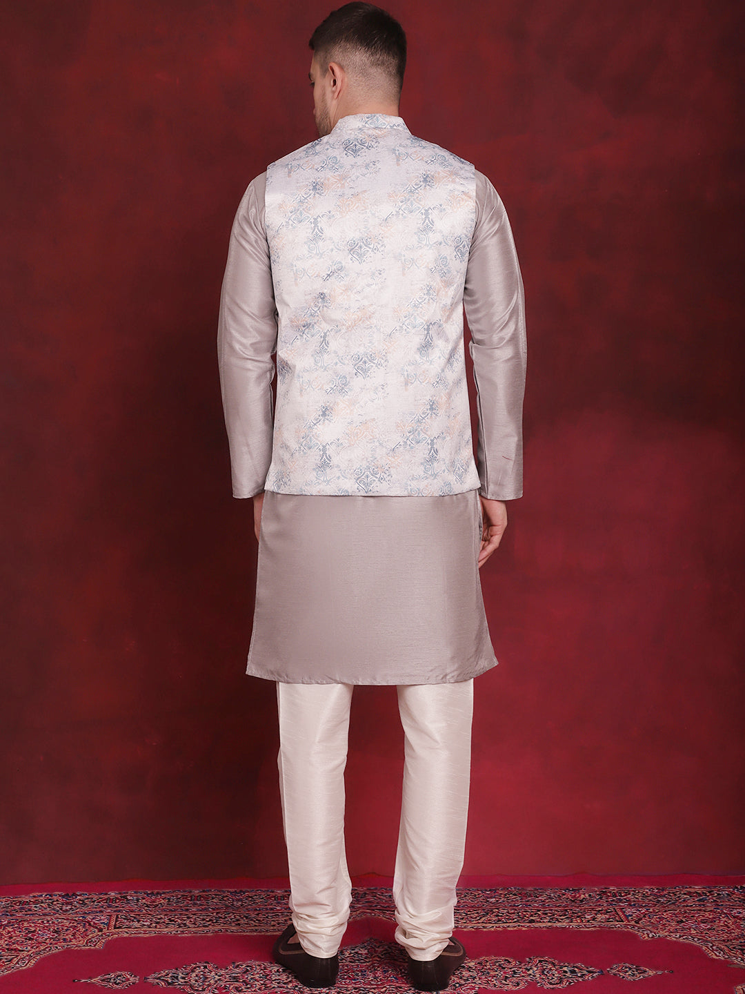 Men's Silver Floral Printed Nehru Jacket With Kurta Pyjama Set - Taantav