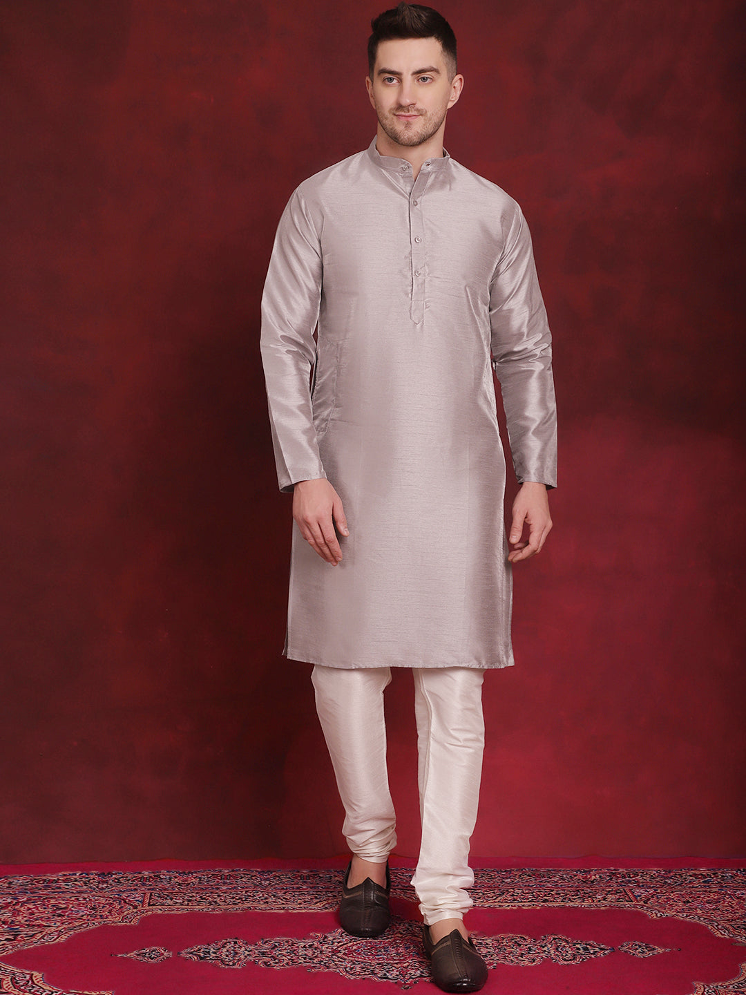 Men's Silver Floral Printed Nehru Jacket With Kurta Pyjama Set - Taantav