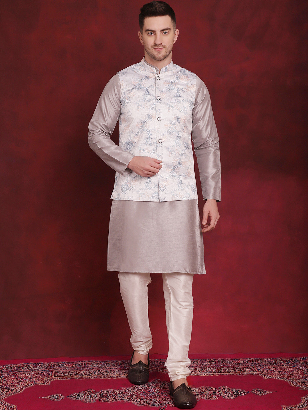 Men's Silver Floral Printed Nehru Jacket With Kurta Pyjama Set - Taantav