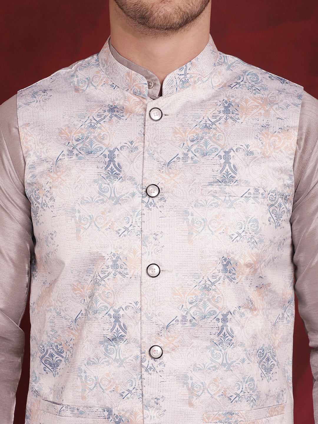 Men's Silver Floral Printed Nehru Jacket With Kurta Pyjama Set - Taantav