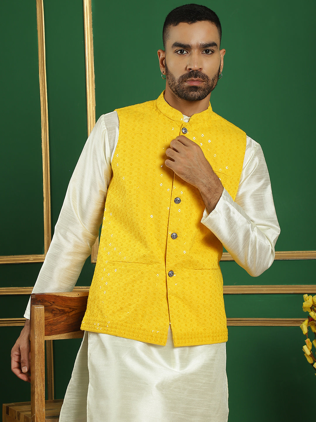 Men's Sequins and Embroidered Nehru Jacket With Solid Kurta Pyjama - Taantav