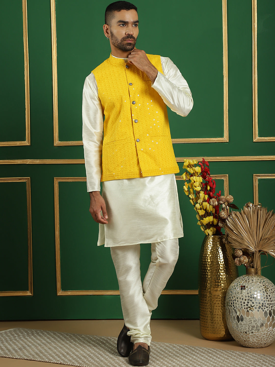 Men's Sequins and Embroidered Nehru Jacket With Solid Kurta Pyjama - Taantav