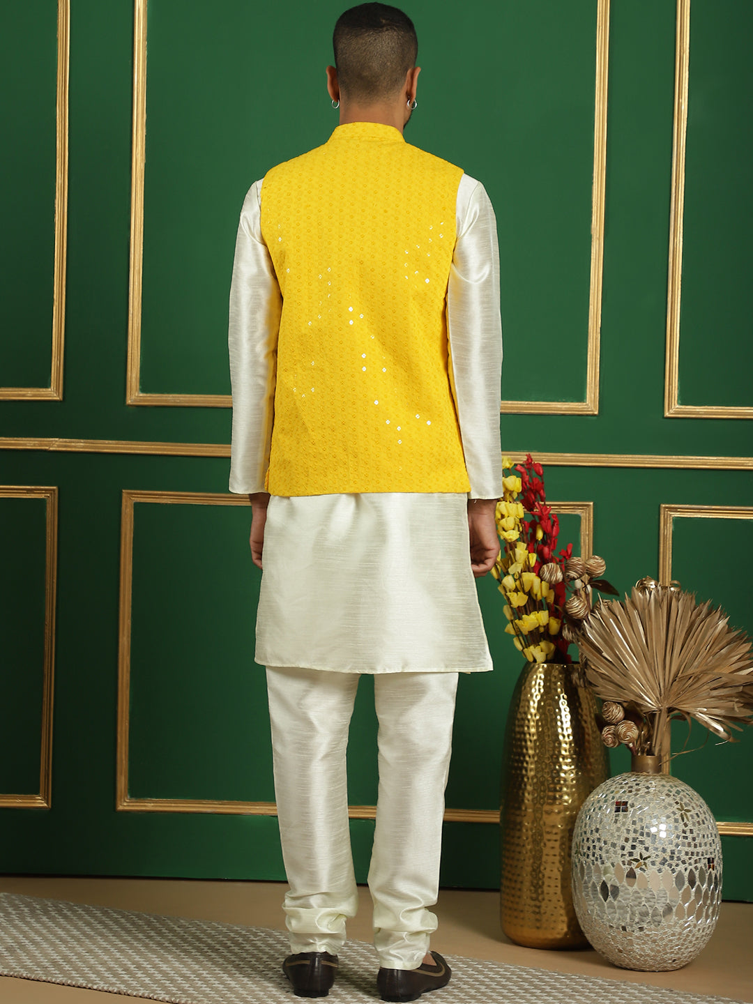 Men's Sequins and Embroidered Nehru Jacket With Solid Kurta Pyjama - Taantav