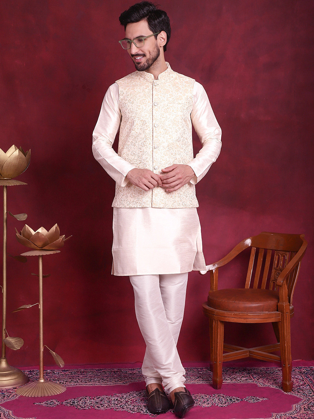 Men's Woven Design Nehru Jacket With Kurta Pyjama Set - Taantav