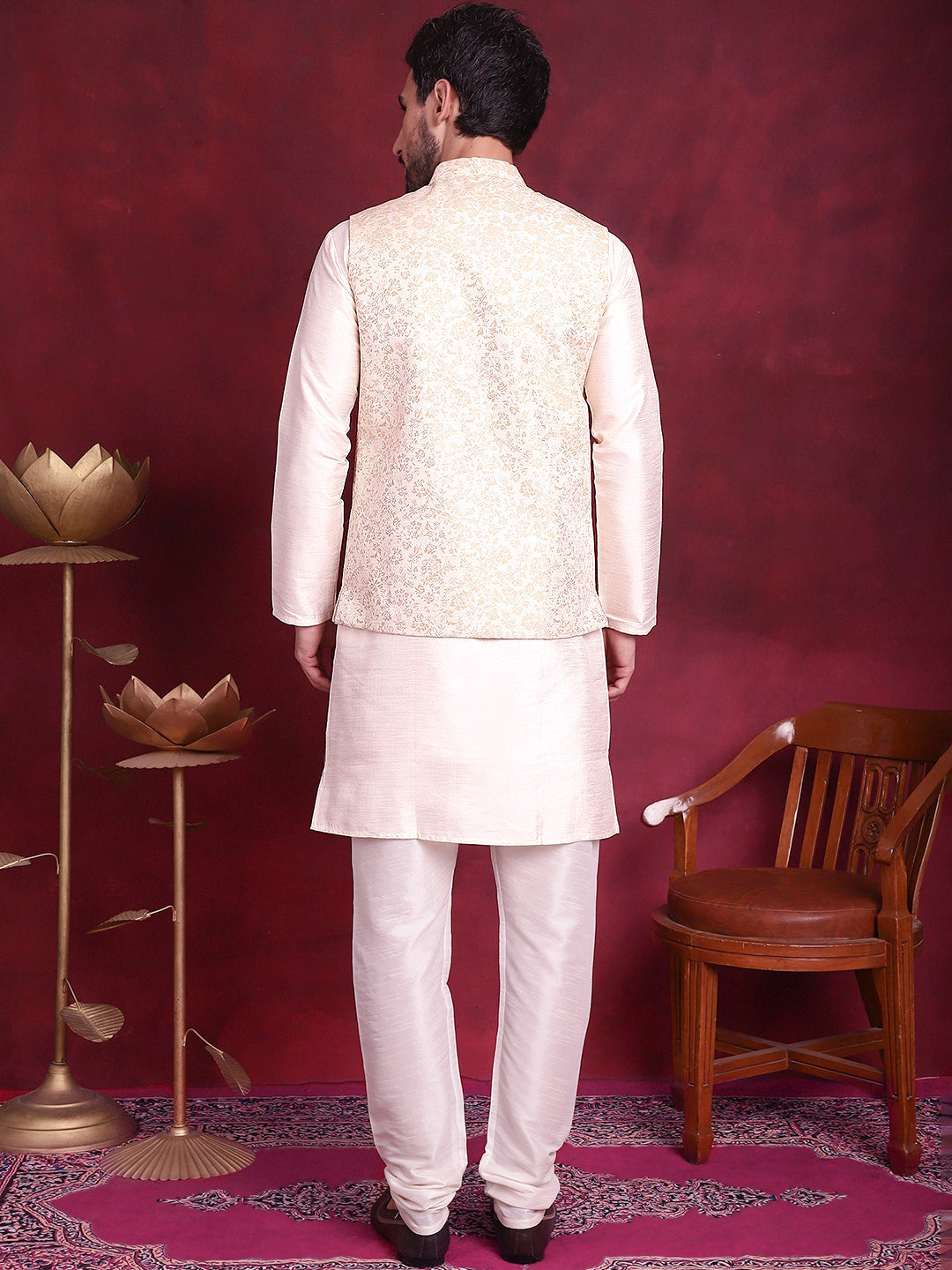 Men's Woven Design Nehru Jacket With Kurta Pyjama Set - Taantav