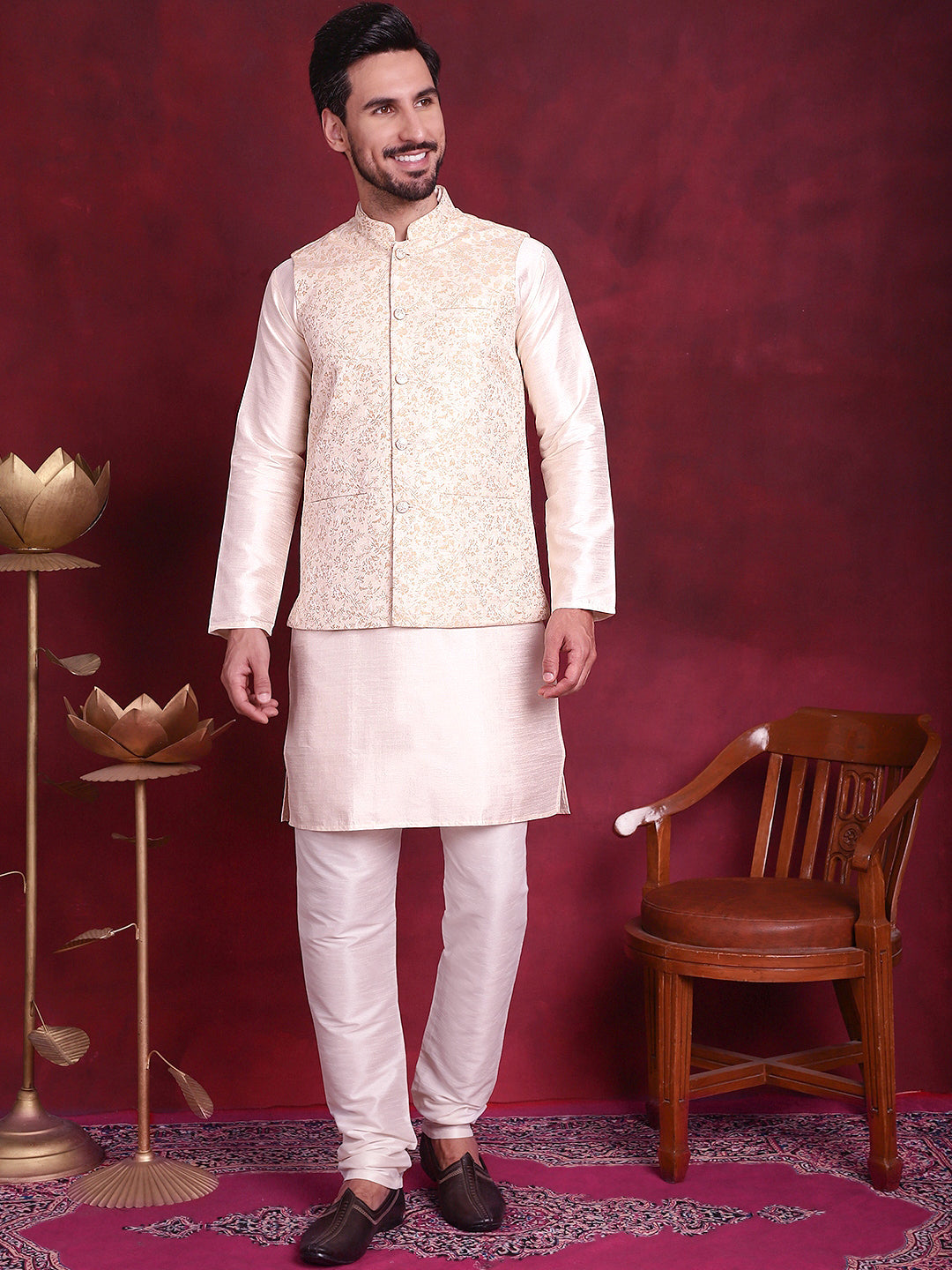 Men's Woven Design Nehru Jacket With Kurta Pyjama Set - Taantav