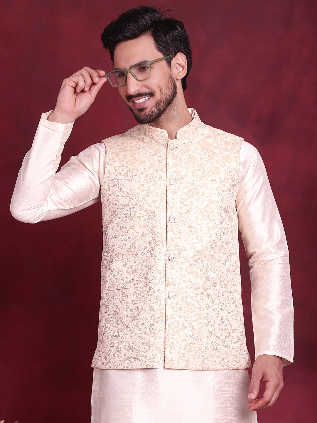 Men's Woven Design Nehru Jacket With Kurta Pyjama Set - Taantav