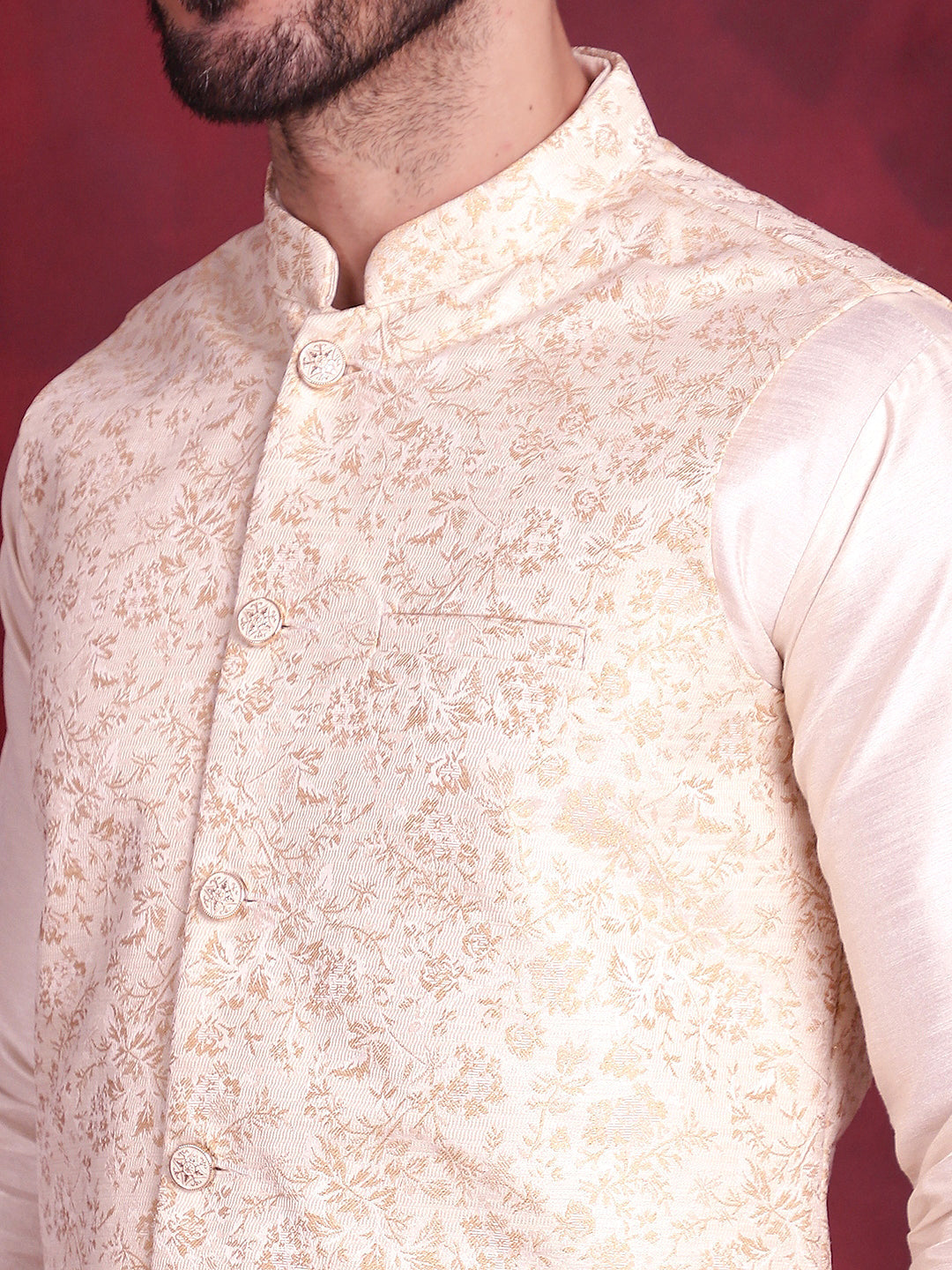 Men's Woven Design Nehru Jacket With Kurta Pyjama Set - Taantav