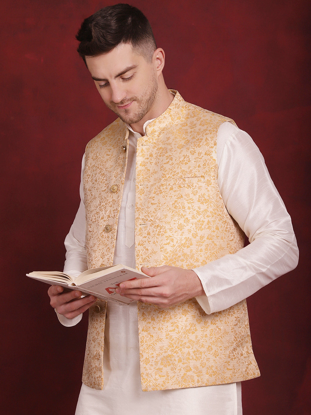 Men's Golden Woven Design Nehru Jacket With Kurta Pyjama Set - Taantav