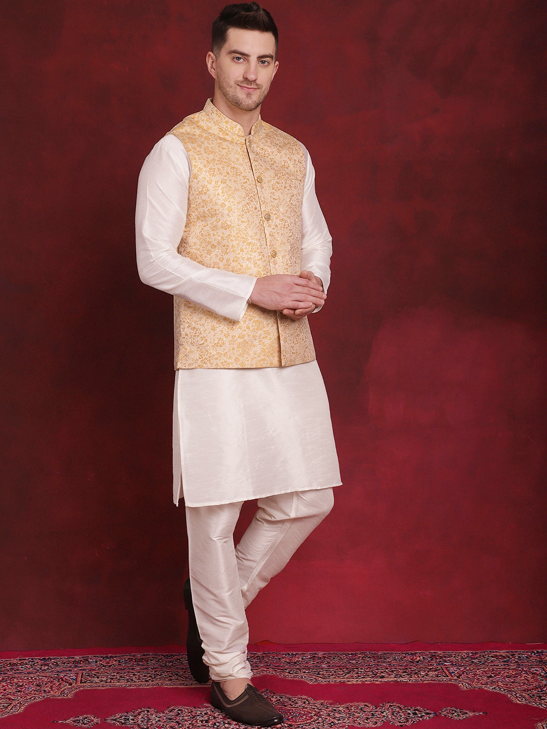 Men's Golden Woven Design Nehru Jacket With Kurta Pyjama Set - Taantav