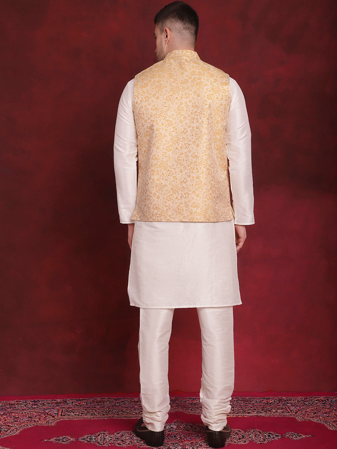 Men's Golden Woven Design Nehru Jacket With Kurta Pyjama Set - Taantav