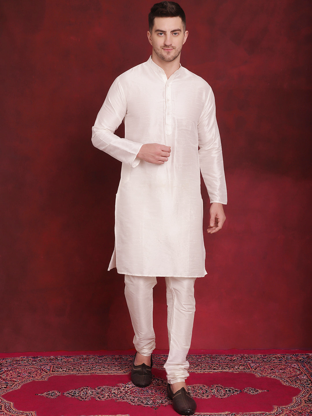 Men's Golden Woven Design Nehru Jacket With Kurta Pyjama Set - Taantav