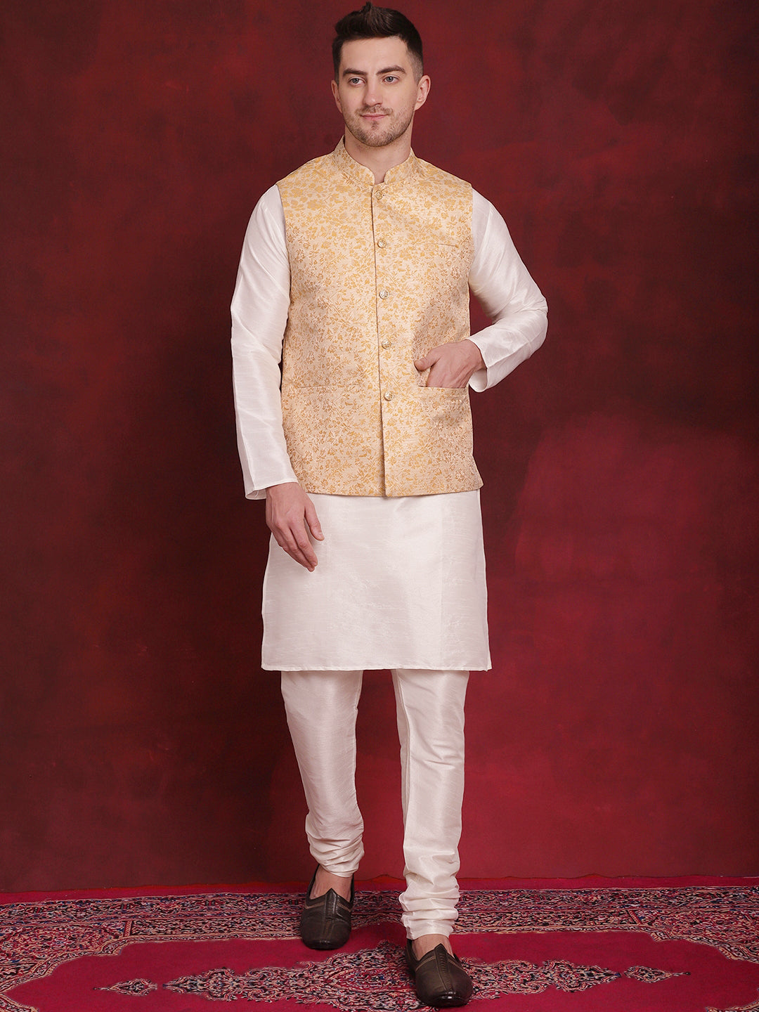 Men's Golden Woven Design Nehru Jacket With Kurta Pyjama Set - Taantav