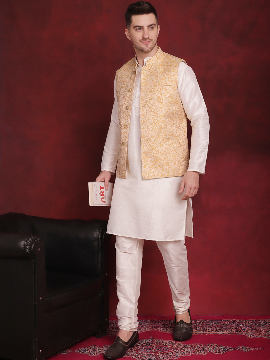 Men's Golden Woven Design Nehru Jacket With Kurta Pyjama Set - Taantav