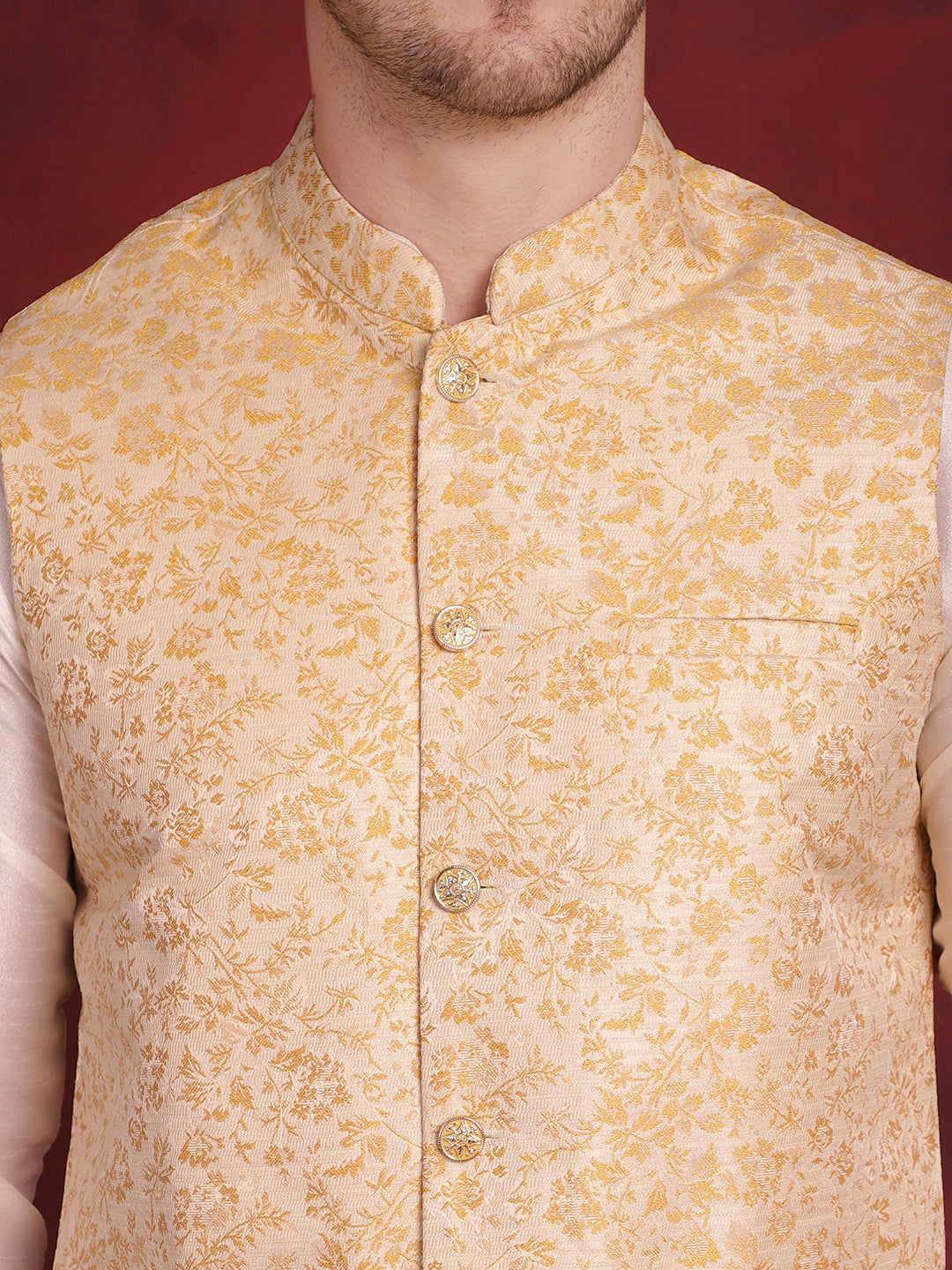 Men's Golden Woven Design Nehru Jacket With Kurta Pyjama Set - Taantav