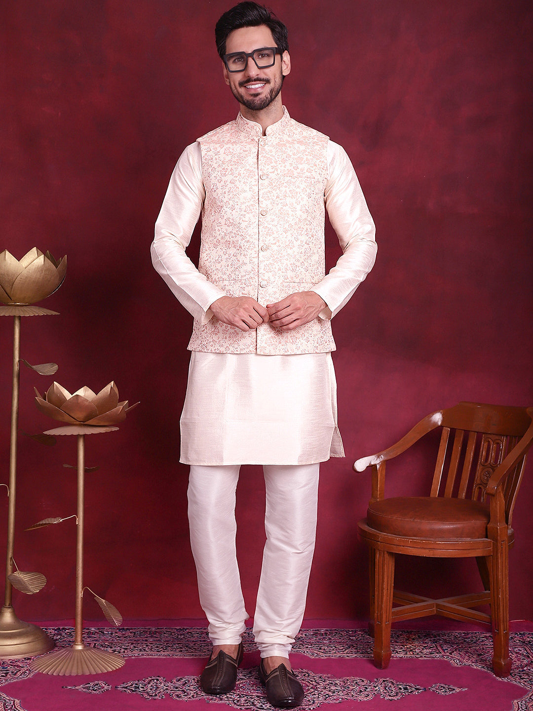 Men's Woven Design Nehru Jacket With Kurta Pyjama Set - Taantav