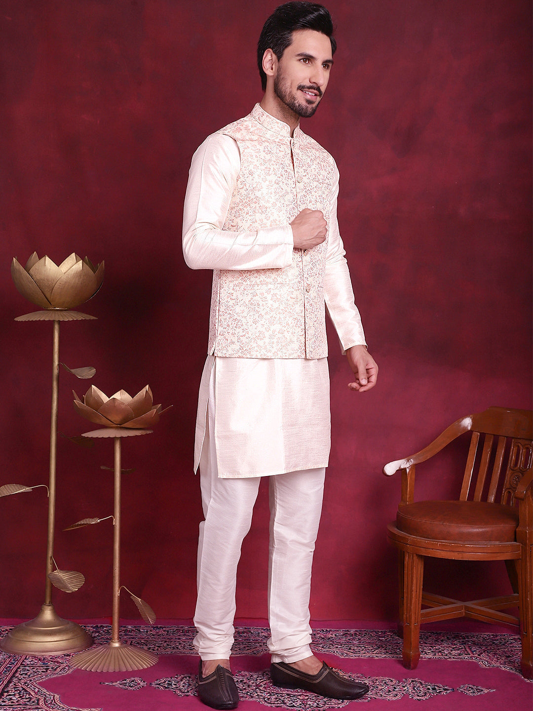 Men's Woven Design Nehru Jacket With Kurta Pyjama Set - Taantav