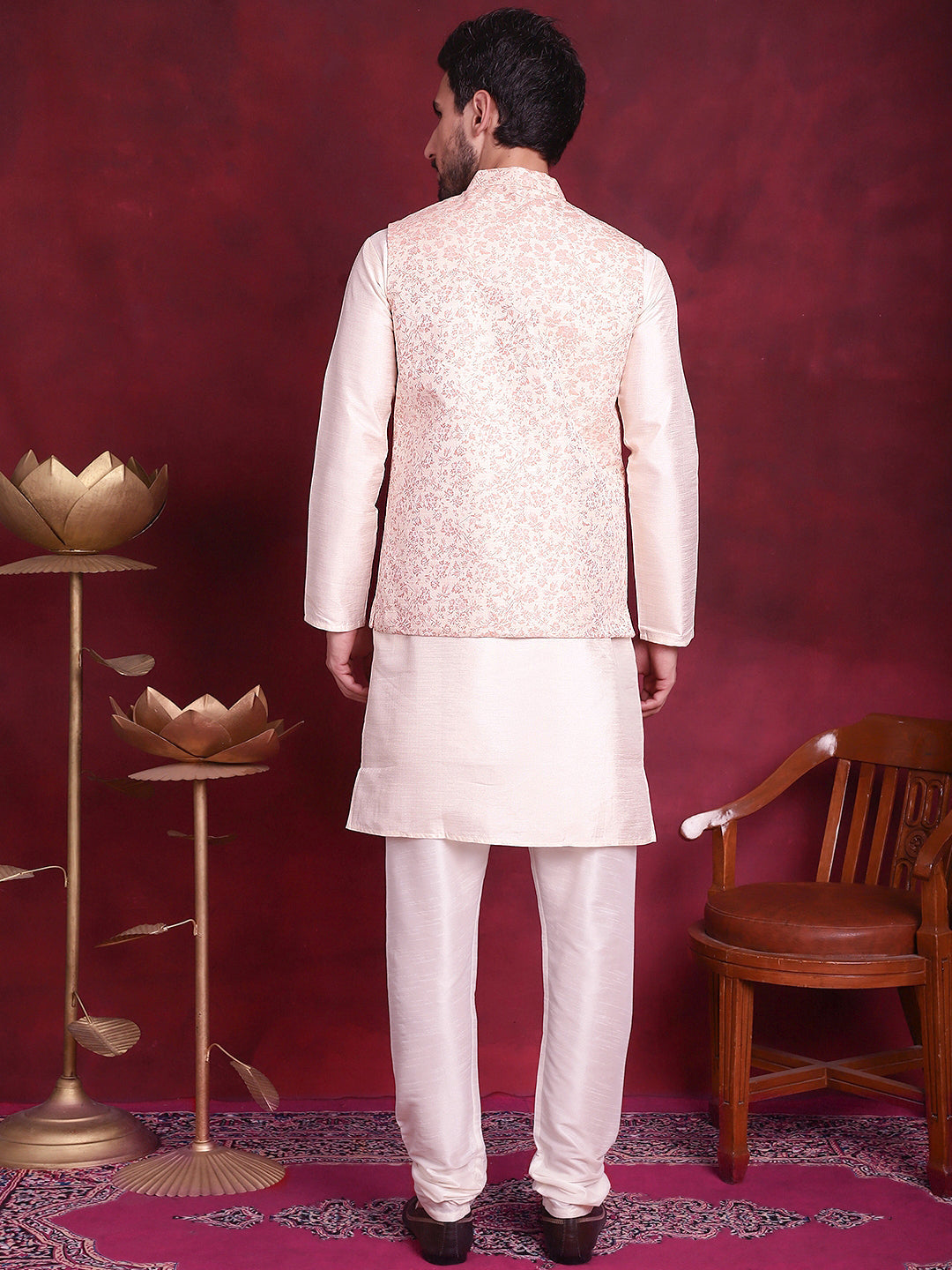 Men's Woven Design Nehru Jacket With Kurta Pyjama Set - Taantav