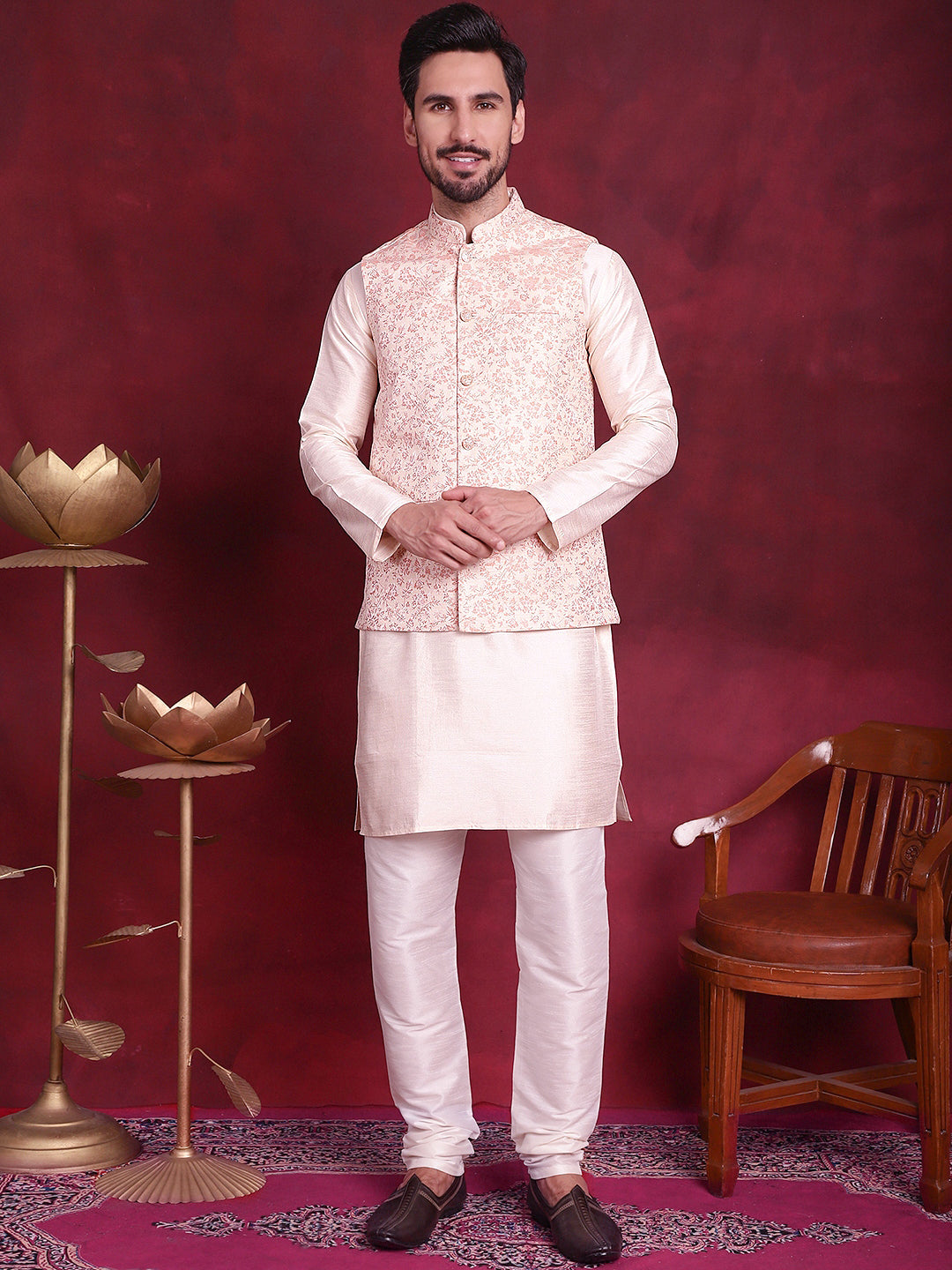 Men's Woven Design Nehru Jacket With Kurta Pyjama Set - Taantav