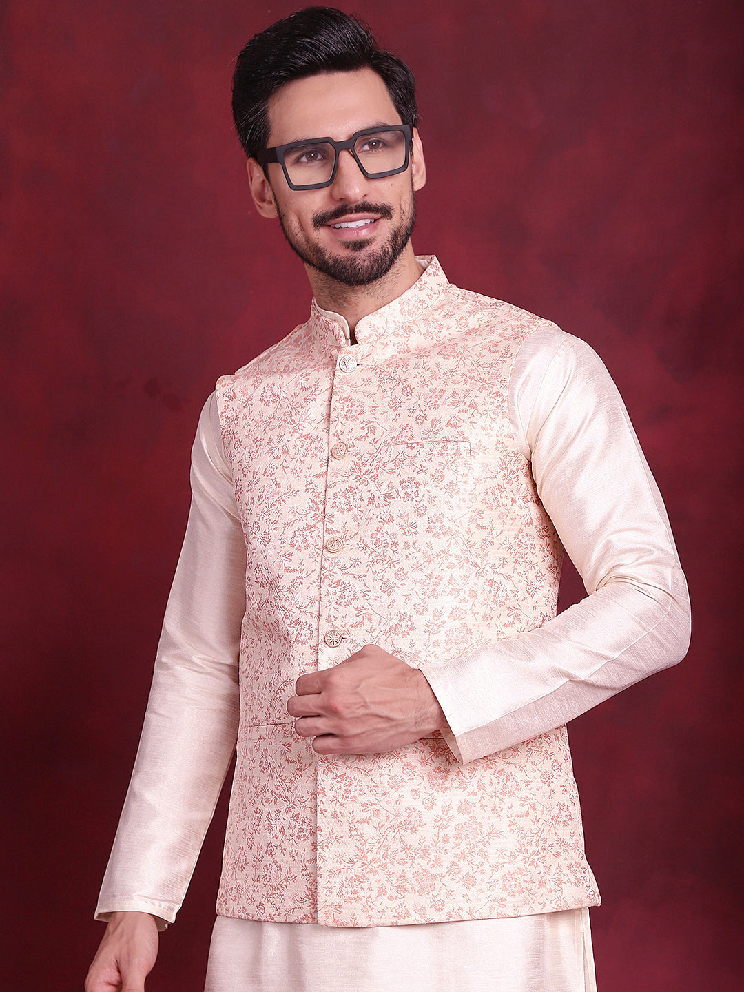 Men's Woven Design Nehru Jacket With Kurta Pyjama Set - Taantav