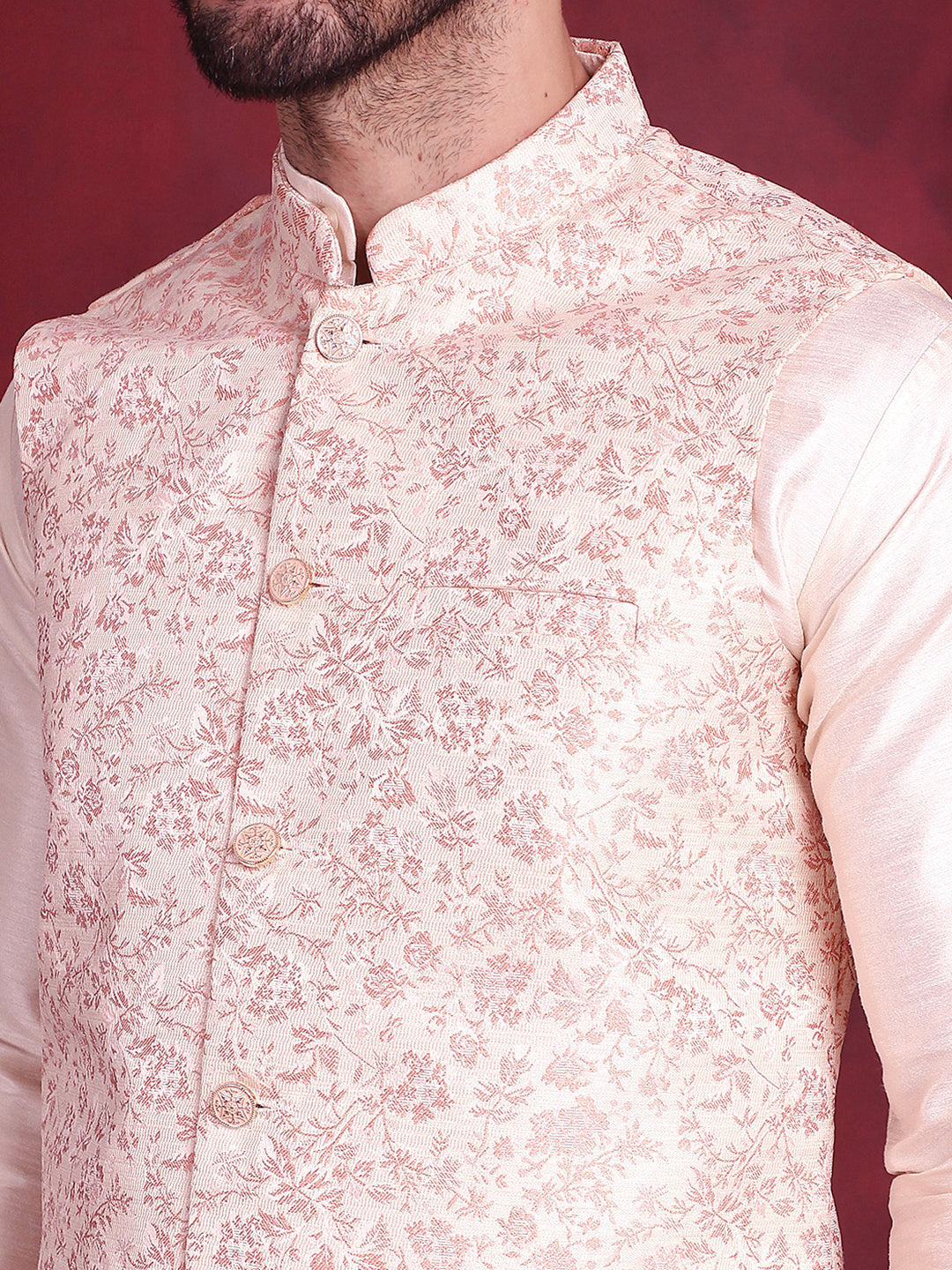 Men's Woven Design Nehru Jacket With Kurta Pyjama Set - Taantav