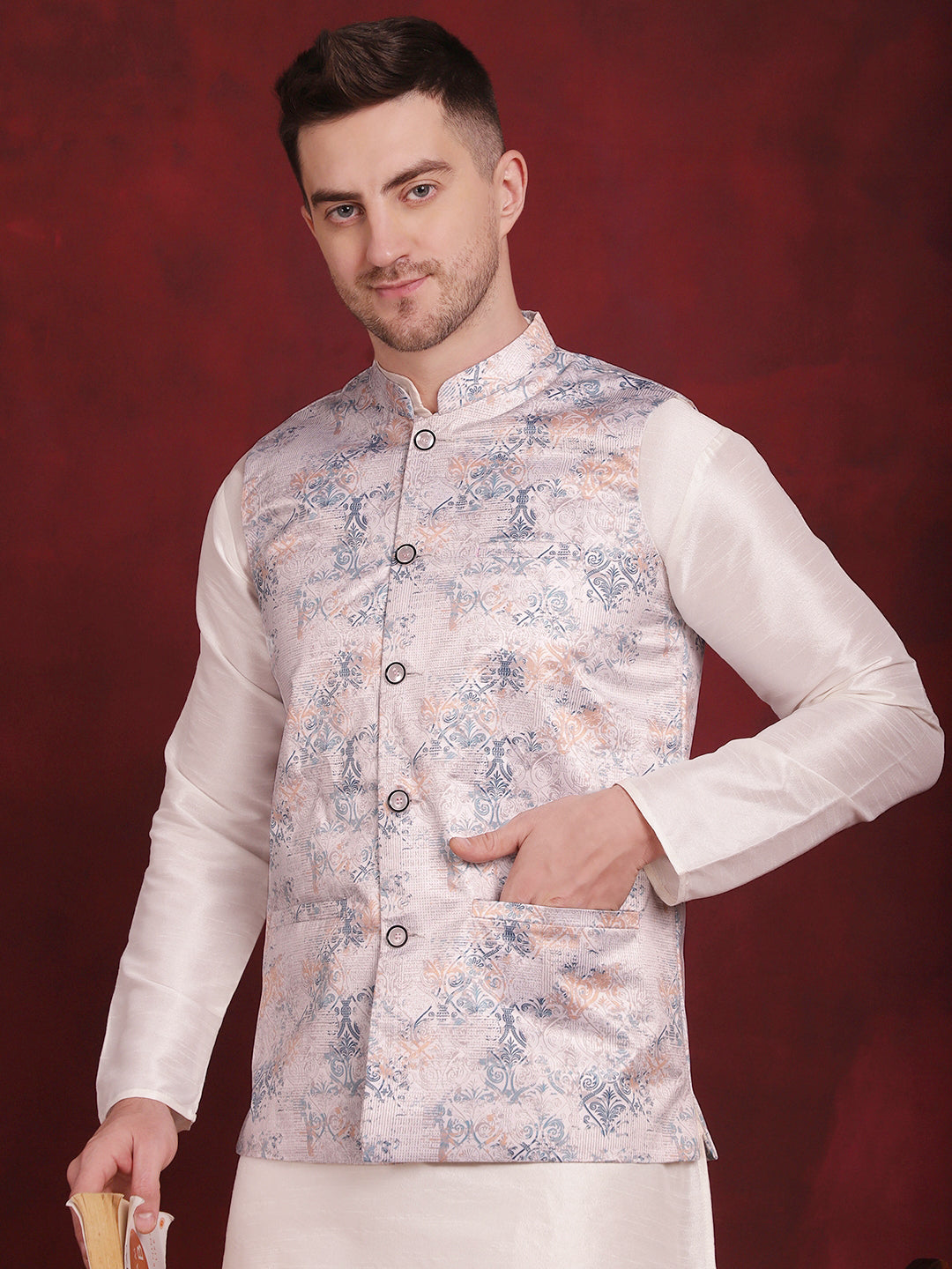 Men's Silver Floral Printed Nehru Jacket With Kurta Pyjama Set - Taantav