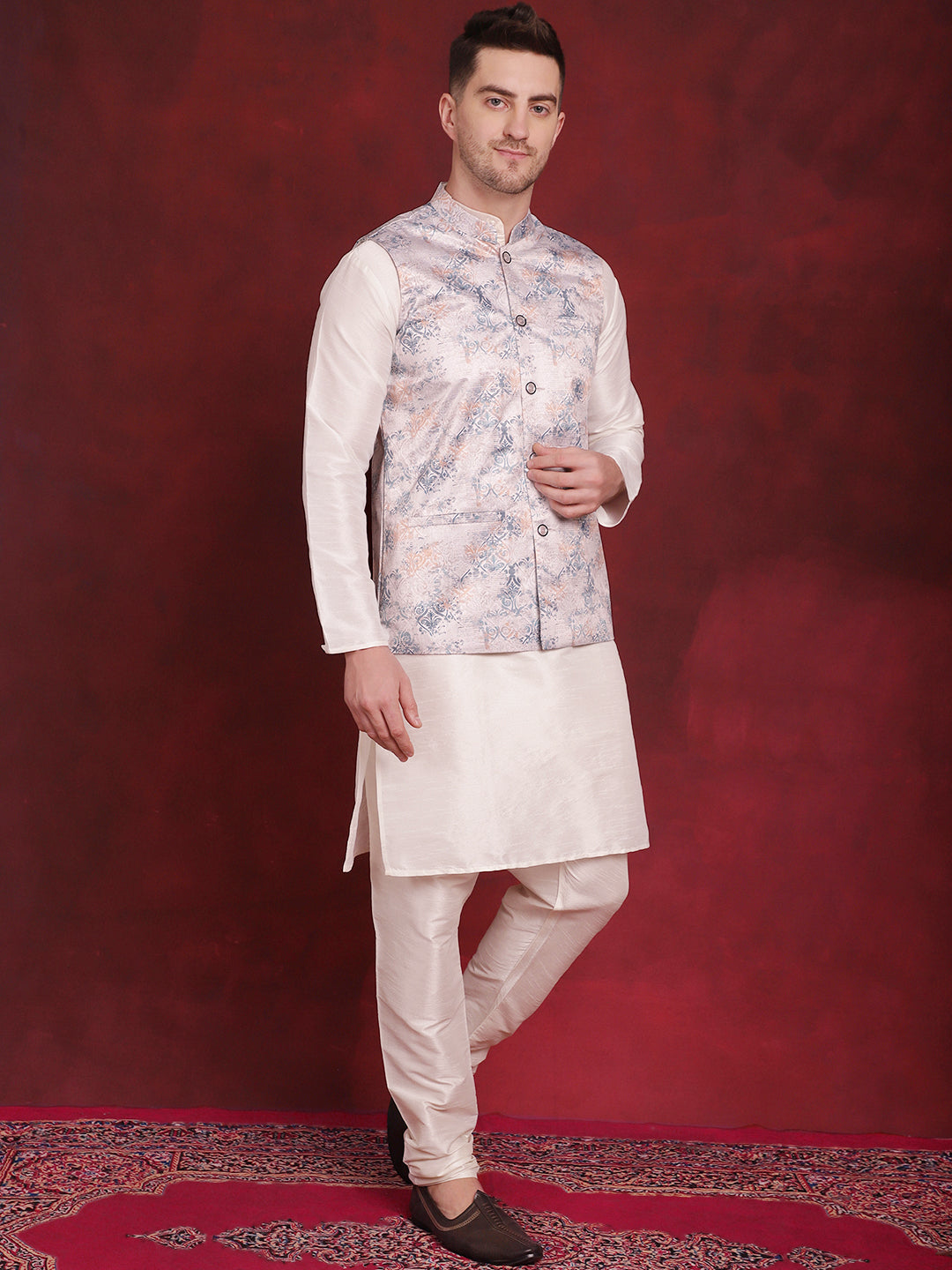 Men's Silver Floral Printed Nehru Jacket With Kurta Pyjama Set - Taantav