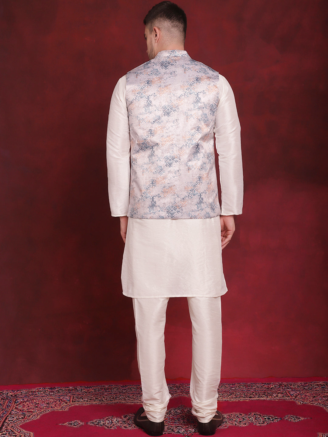 Men's Silver Floral Printed Nehru Jacket With Kurta Pyjama Set - Taantav